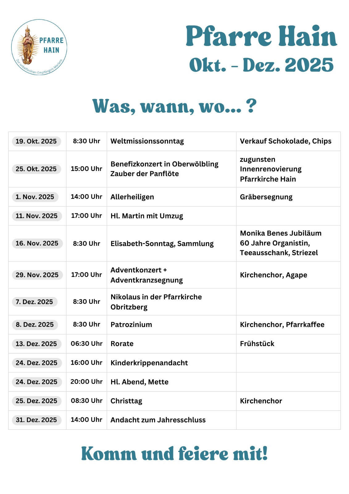Termine Oktober bis Dezember 2025